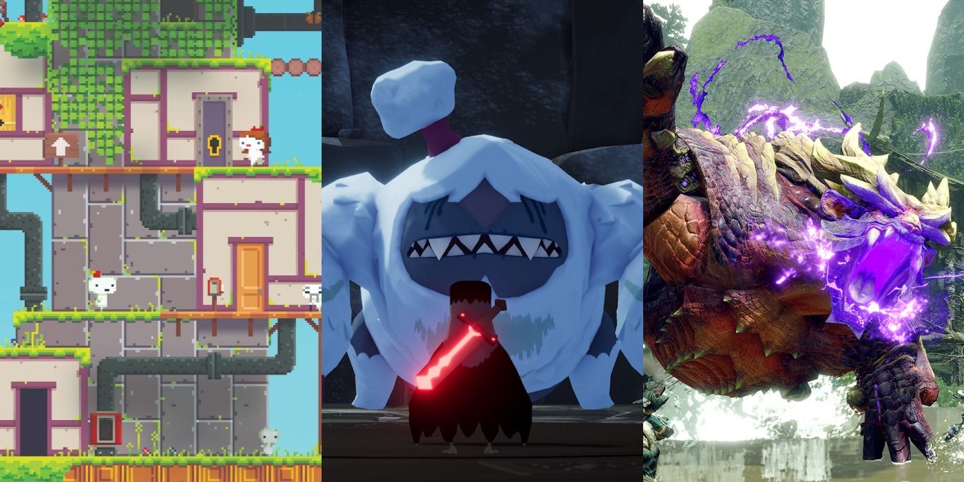 Split image of Fez, Death's Door and Monster Hunter on Nintendo Switch feature