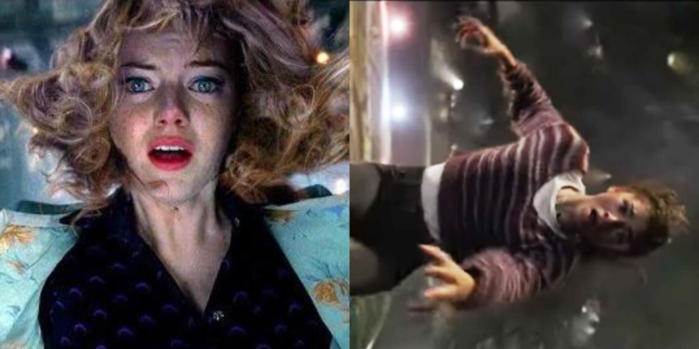 Split image of Gwen Stacy falling in Amazing Spider-Man 2 and MJ falling in Spider-Man: No Way Home.
