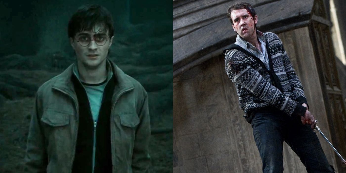 Split image of Harry and Neville in Harry Potter and the Deathly Hallows
