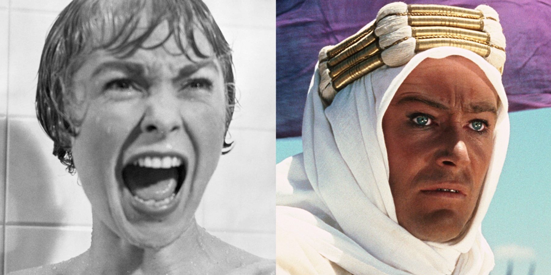 Split image of Janet Leigh in Psycho and Peter O'Toole in Lawrence of Arabia