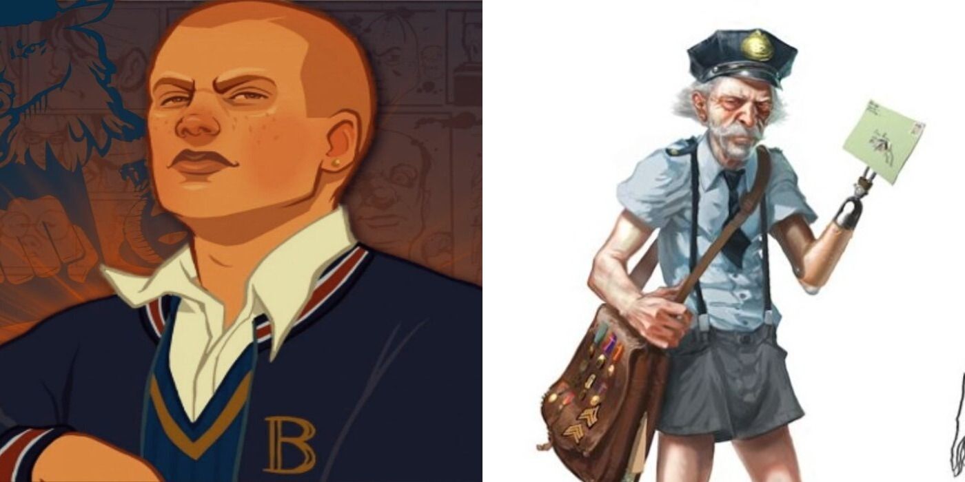 Split image of Jimmy in Bully and concept art of a one handed man in Bully 2