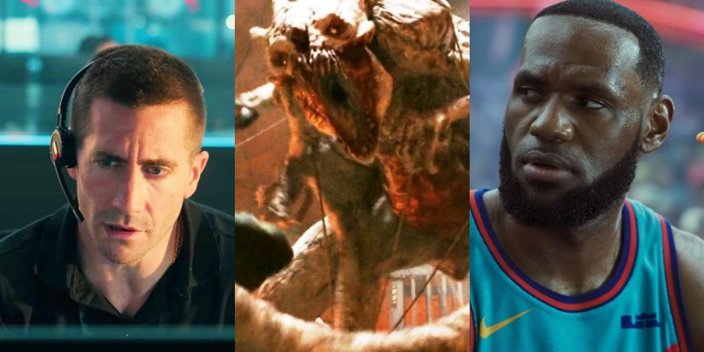 Split image of Joe in The Guilty, a monster in The Tomorrow War, and LeBron in Space Jam A New Legacy