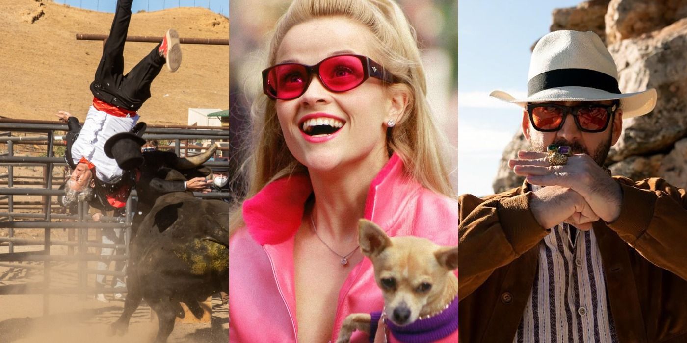 Split image of Johnny Knoxville in Jackass Forever, Elle in Legally Blonde 3, and Nick Cage in The Unbearable Weight of Massive Talent