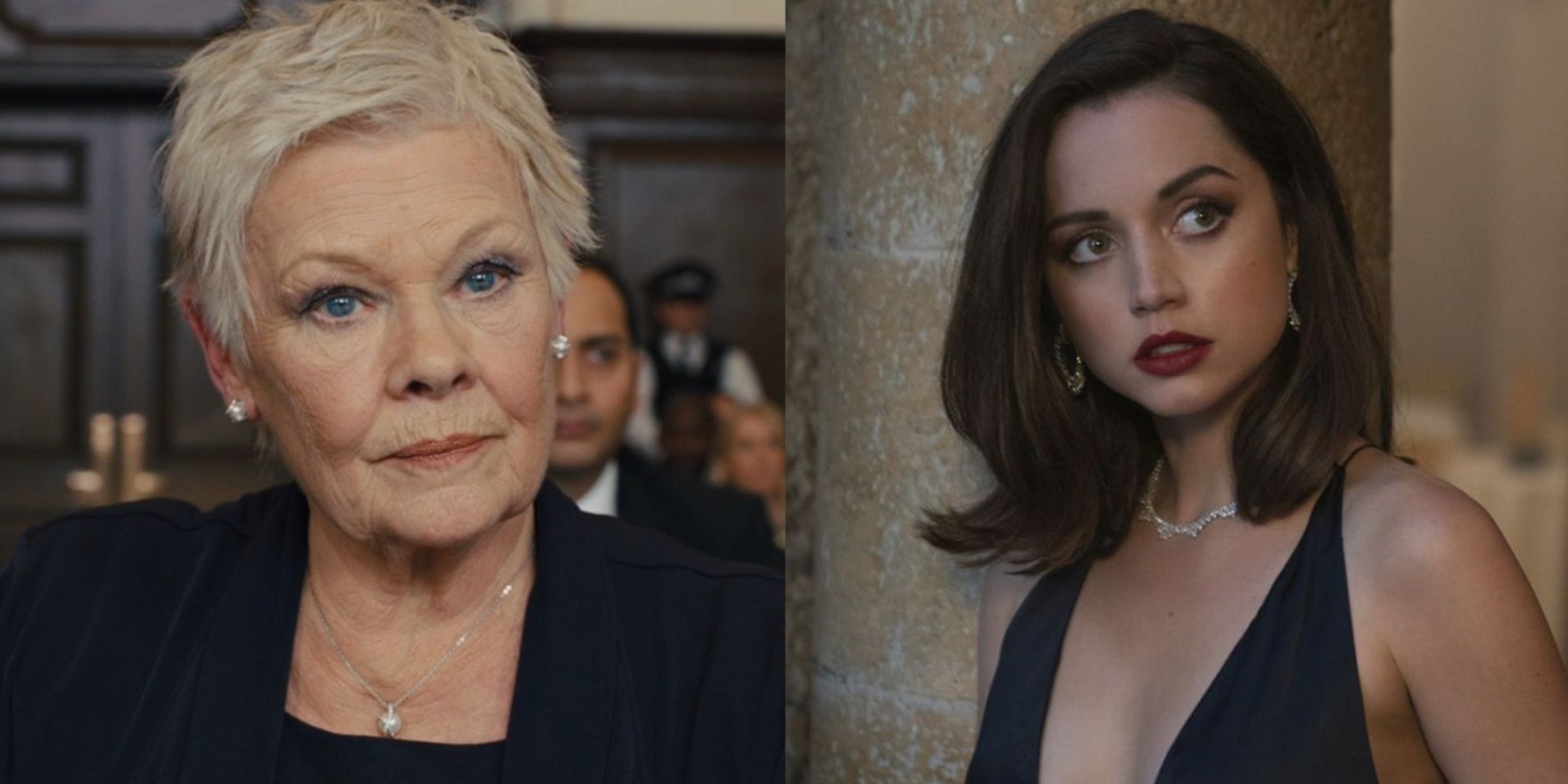 Split image of Judi Dench in Skyfall and Ana de Armas in No Time to Die