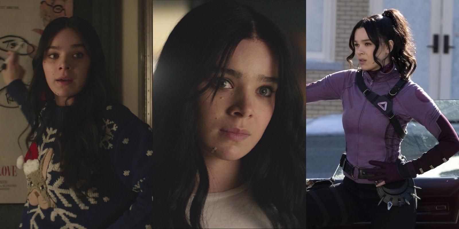 Split image of Kate Bishop in three different outfits in Hawkeye