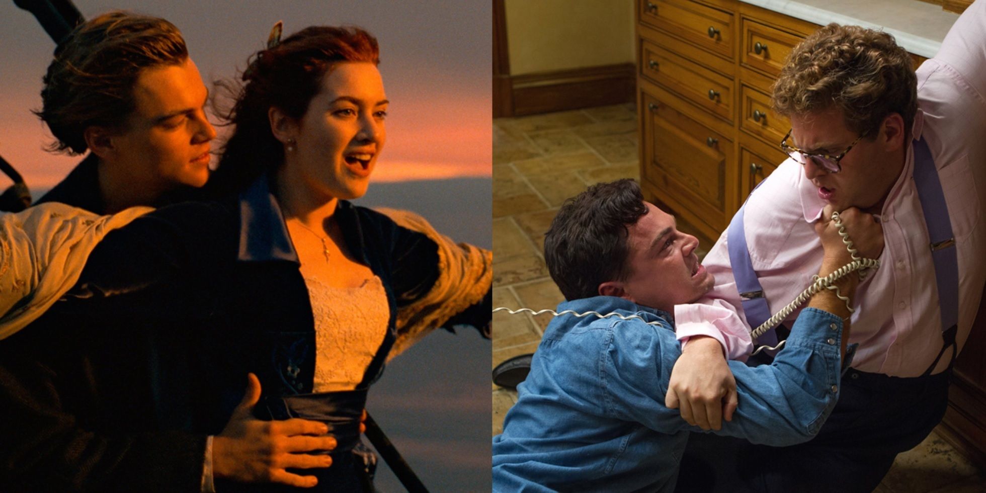 Split image of Leonardo DiCaprio with Kate Winslet in Titanic and Jonah Hill in The Wolf of Wall Street