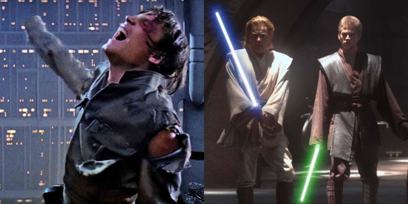 Split image of Luke Skywalker in the Empire Strikes Back and Obi-Wan and Anakin in Attack of the Clones