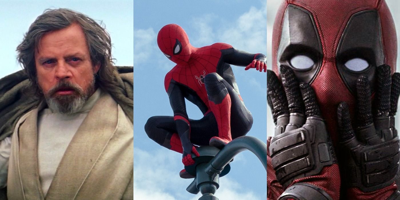 Split image of Luke in Star Wars The Force Awakens, Spider-Man in Spider-Man No Way Home, and Dead Pool in Deadpool