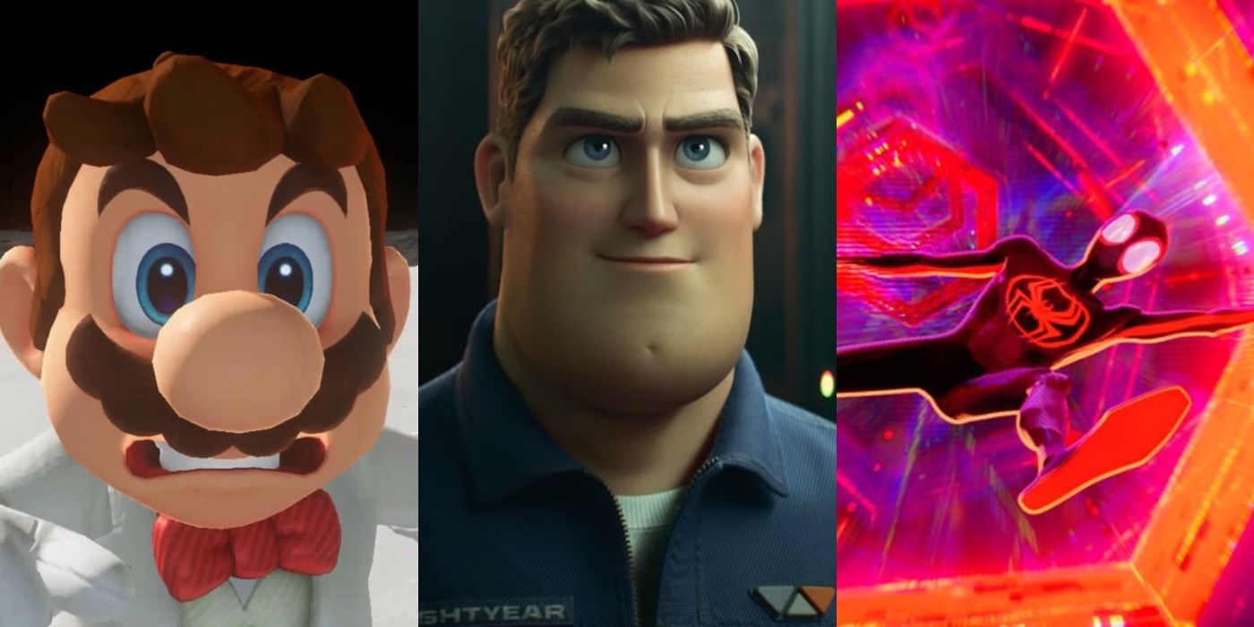 Split image of Mario in Mario Space Odyssey, Buzz in Lightyear, and Spider-Man in Spider-Man Across The Universe