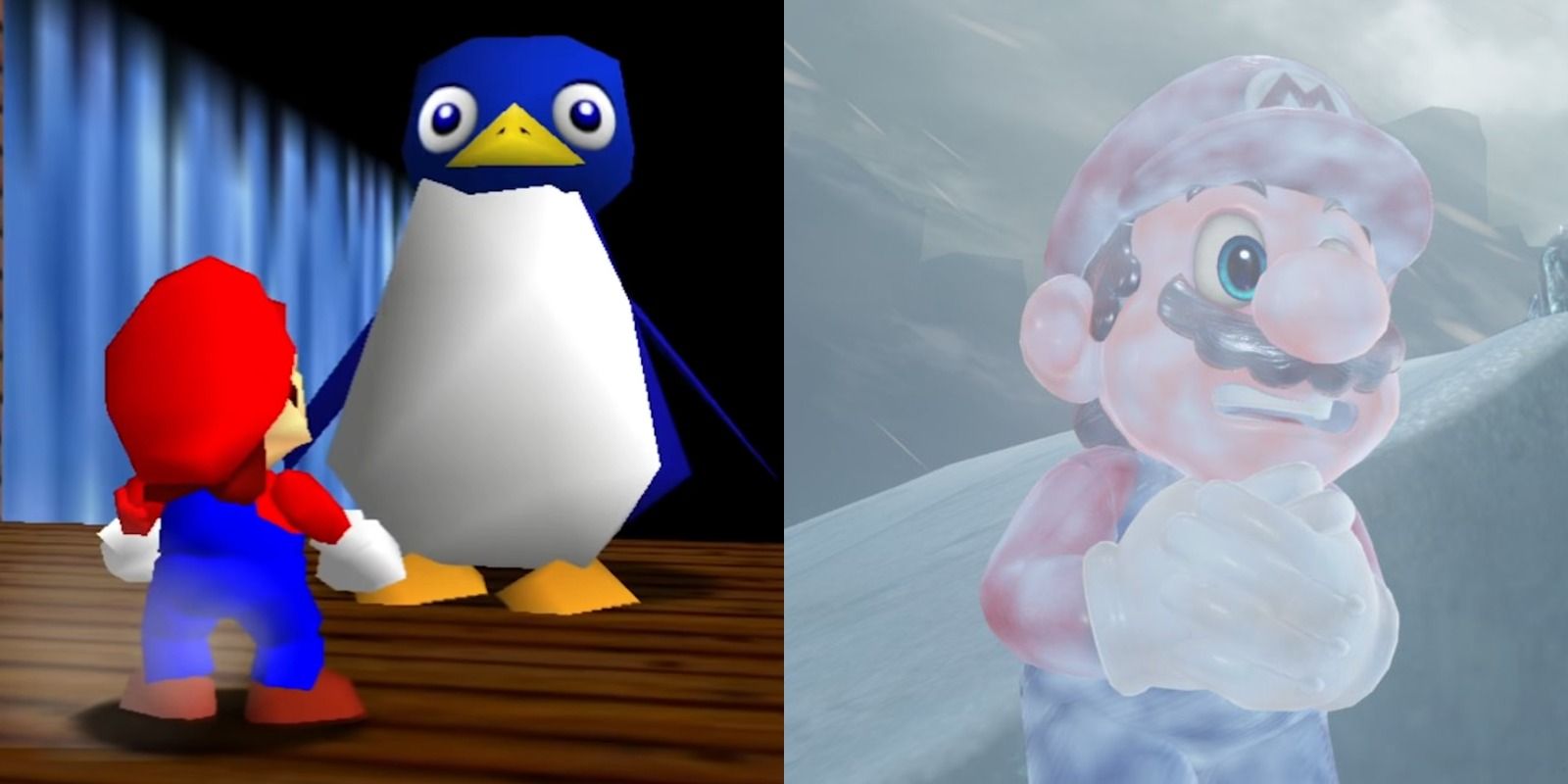Split image of Mario speaking to the penguin in Super Mario 64 and Mario shivering in the cold in Super Mario Odyssey