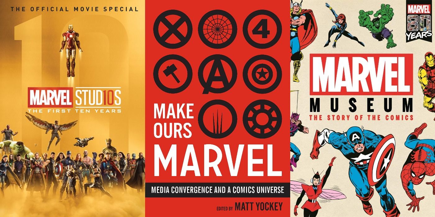 Split image of Marvel Studios, Make Mine Marvel and Marvel Museum book covers feature