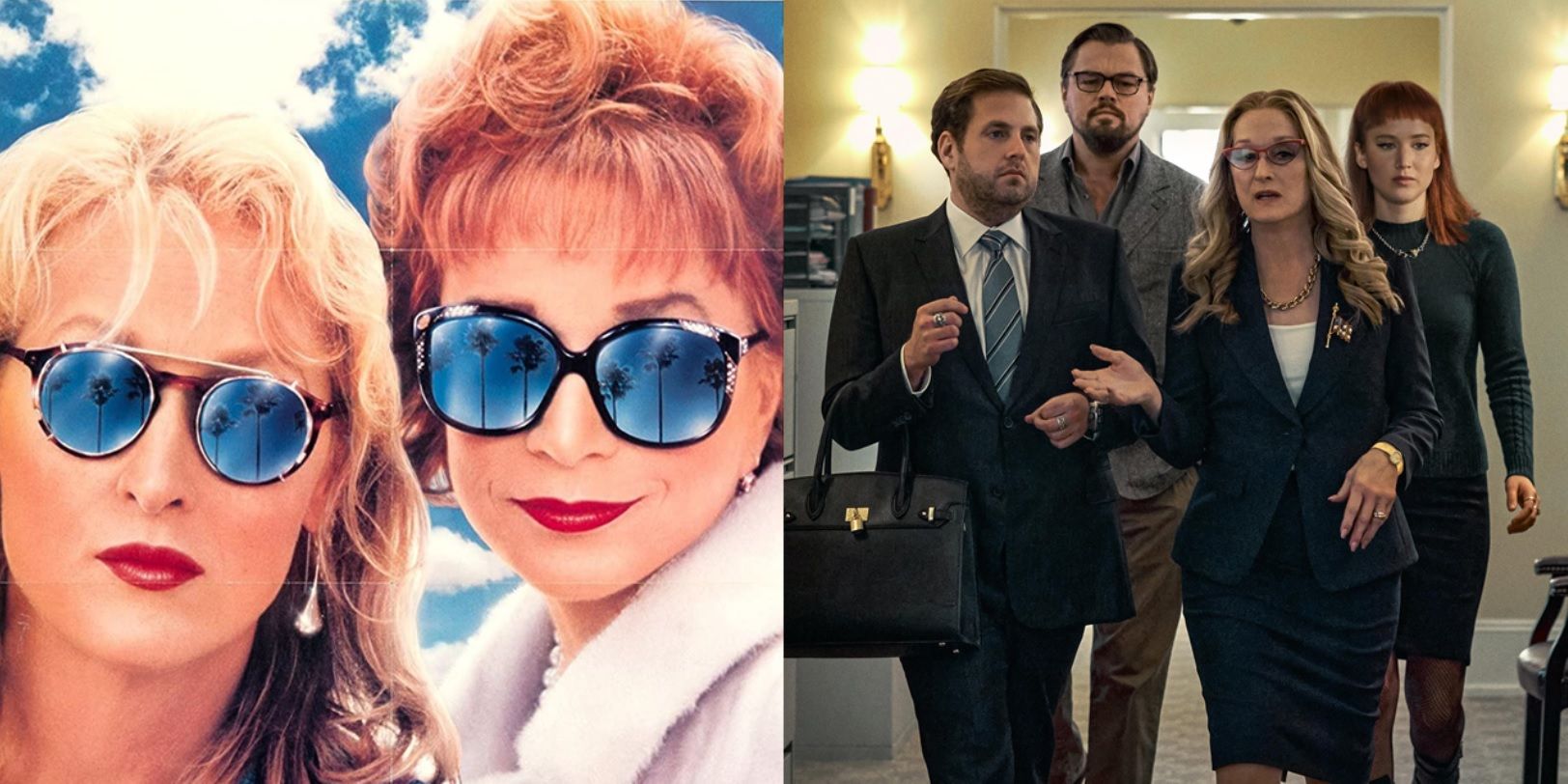 Split image of Meryl Streep on the poster for Postcards from the Edge and with Jonah Hill in Don't Look Up