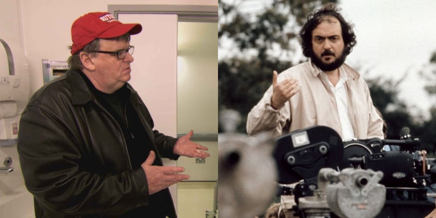 Split image of Michael Moore in Sicko and Stanley Kubrick in Stanley Kubrick A Life in Pictures