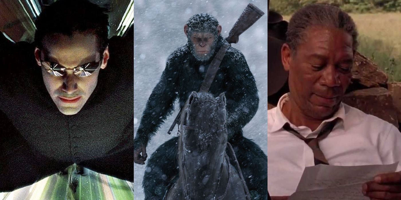 Split image of Neo in The Matrix, Caesar in War for the Planet of the Apes, and Red in The Shawshank Redemption