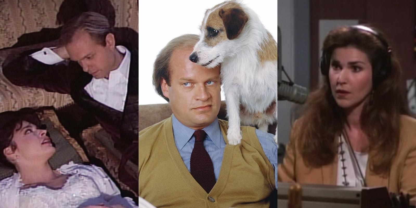 Split image of Niles Crane and Daphne Moon, Frasier and Eddie Crane, and Roz Doyle in Frasier.