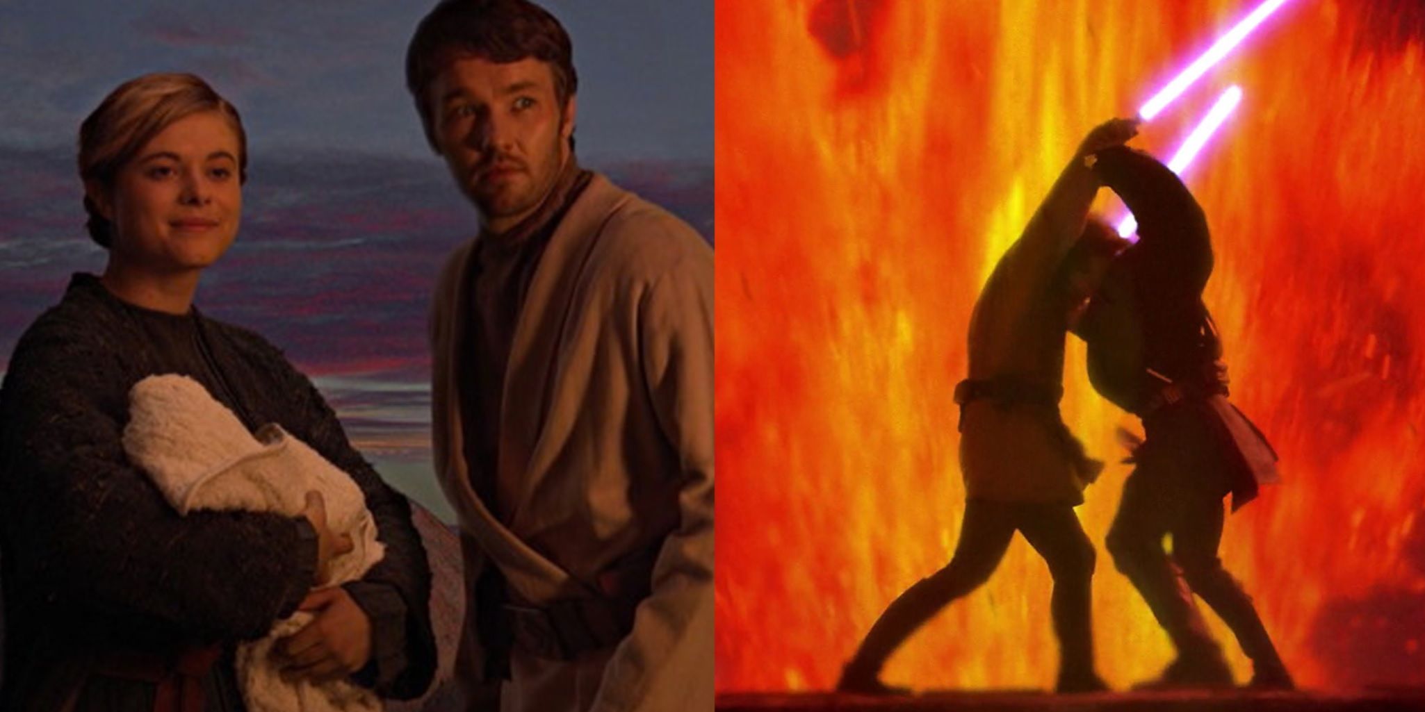 Split image of Owen and Beru with baby Luke and Obi-Wan fighting Anakin in Revenge of the Sith