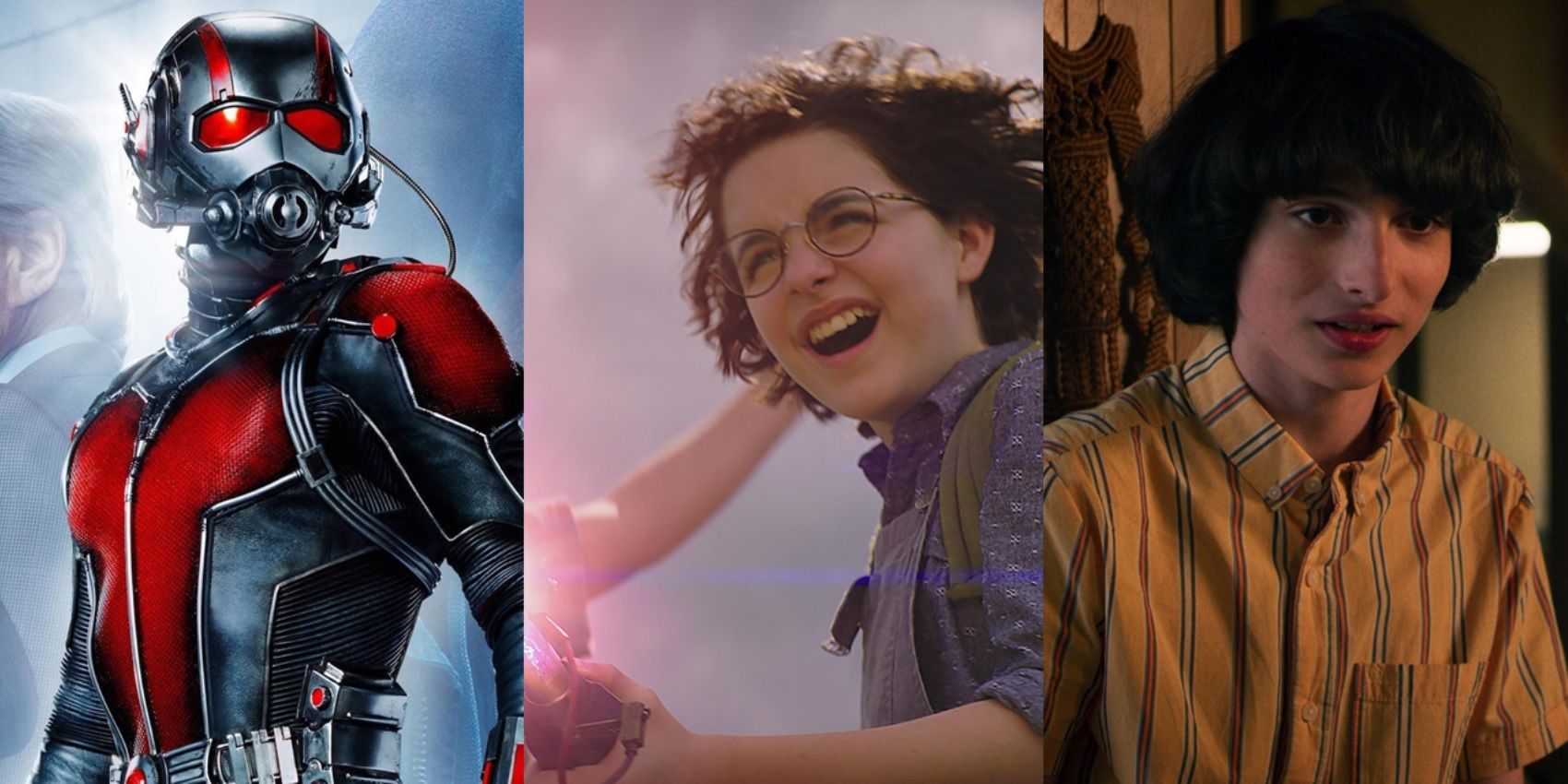 Split image of Paul Rudd in Ant-Man, Mckenna Grace in Ghostbusters Afterlife, and Finn Wolfhard in Stranger Things