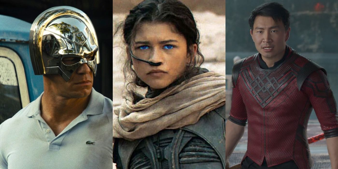 Split image of Peacemaker in The Suicide Squad, Chani in Dune, and Shang-Chi in Shang-Chi and the Legend of the Ten Rings