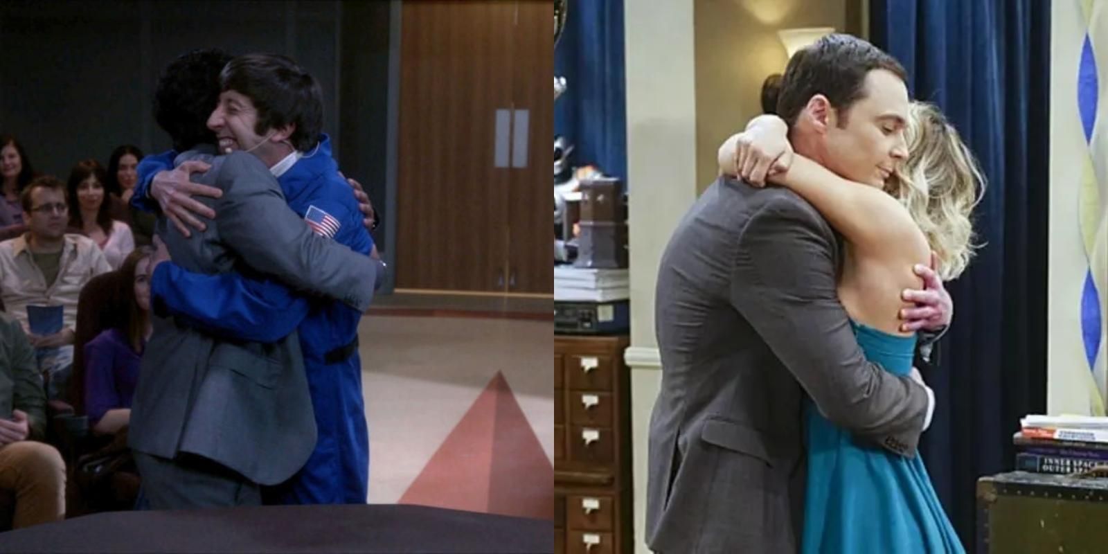 Split image of Raj and Howard and Sheldon and Penny hugging in The Big Bang Theory