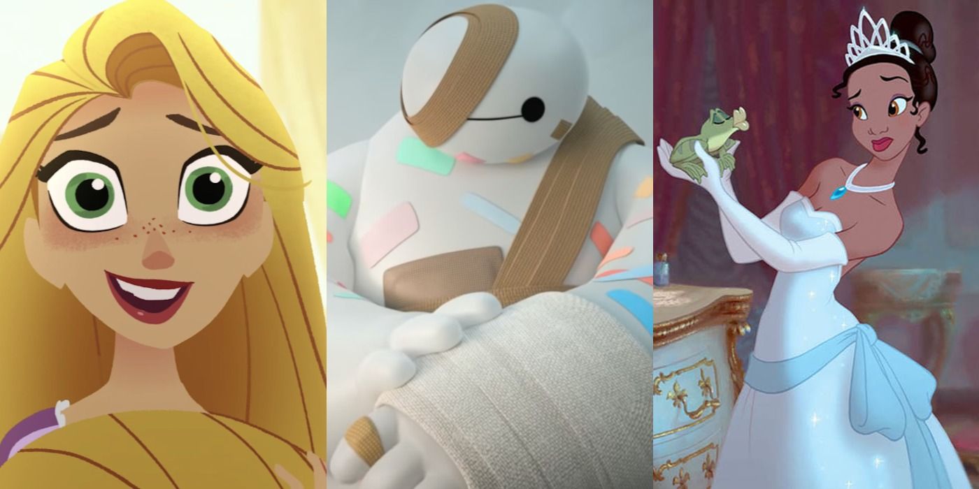 Split image of Rapunzel in Tangled, Baymax in Baymax! and Tiana The Princess in the Frog.