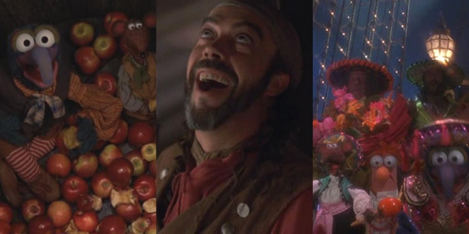 Split image of Rizzo and Gonzo hiding in apples, Long John Silver laughing, and the crew having cabin fever in Muppet Treasure Island