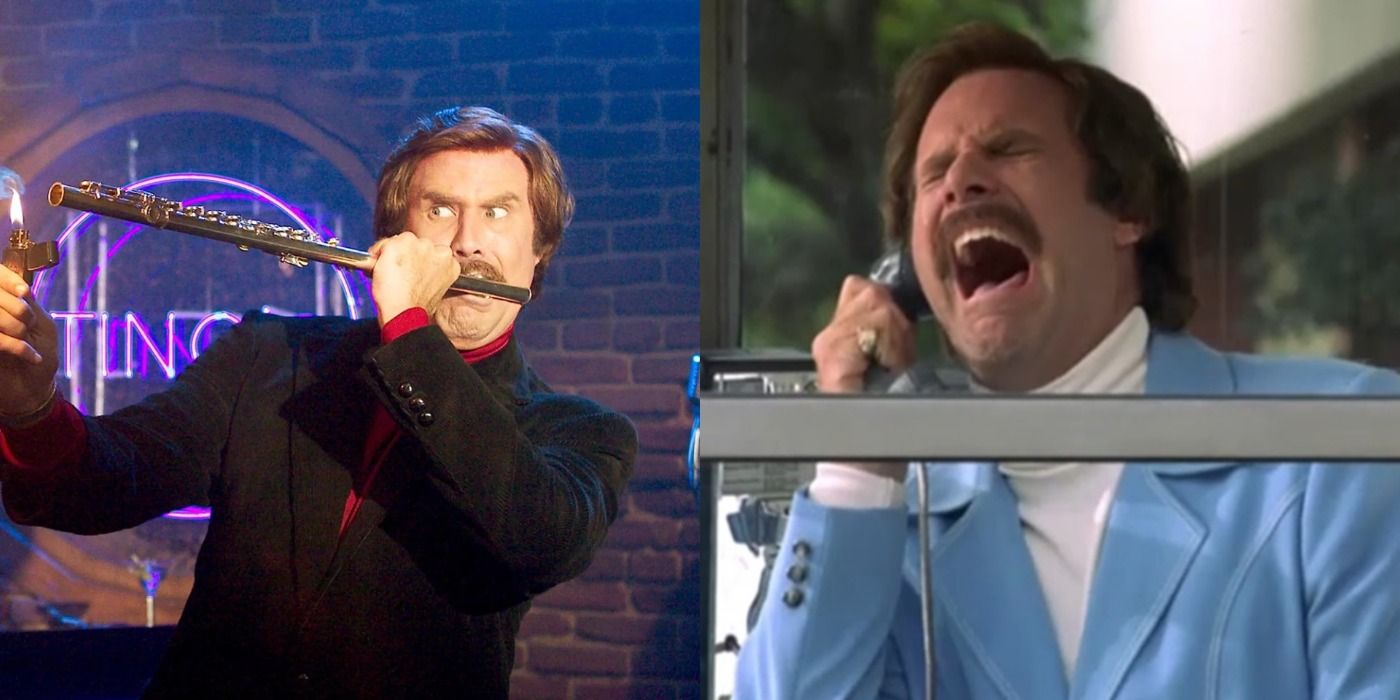 Split image of Ron playing the jazz flute and Ron in a telephone booth in Anchorman