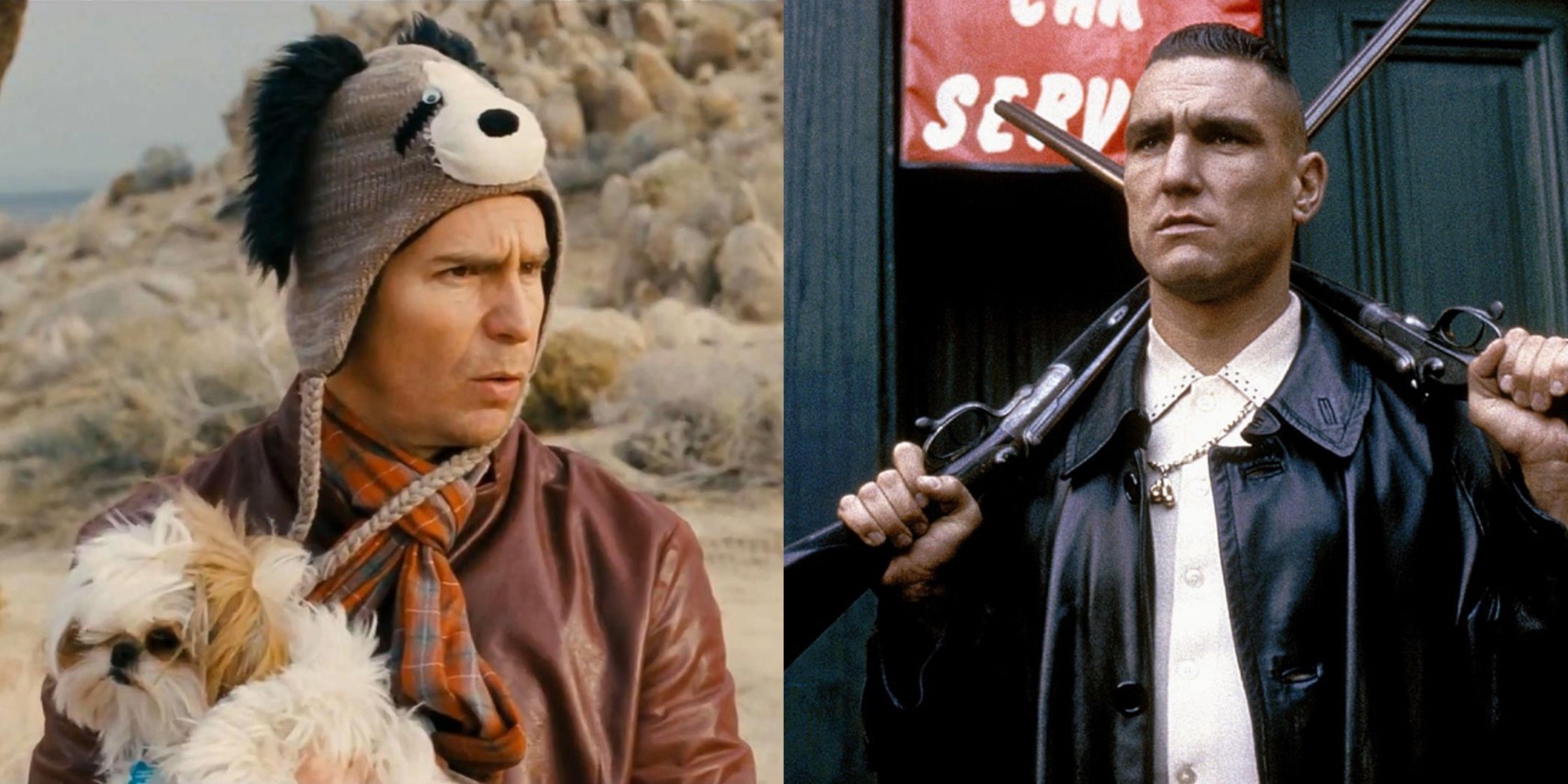 Split image of Sam Rockwell in Seven Psychopaths and Vinnie Jones in Lock, Stock and Two Smoking Barrels