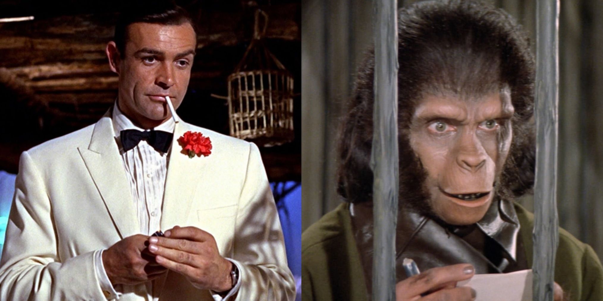 Split image of Sean Connery in Goldfinger and Roddy McDowall in Planet of the Apes