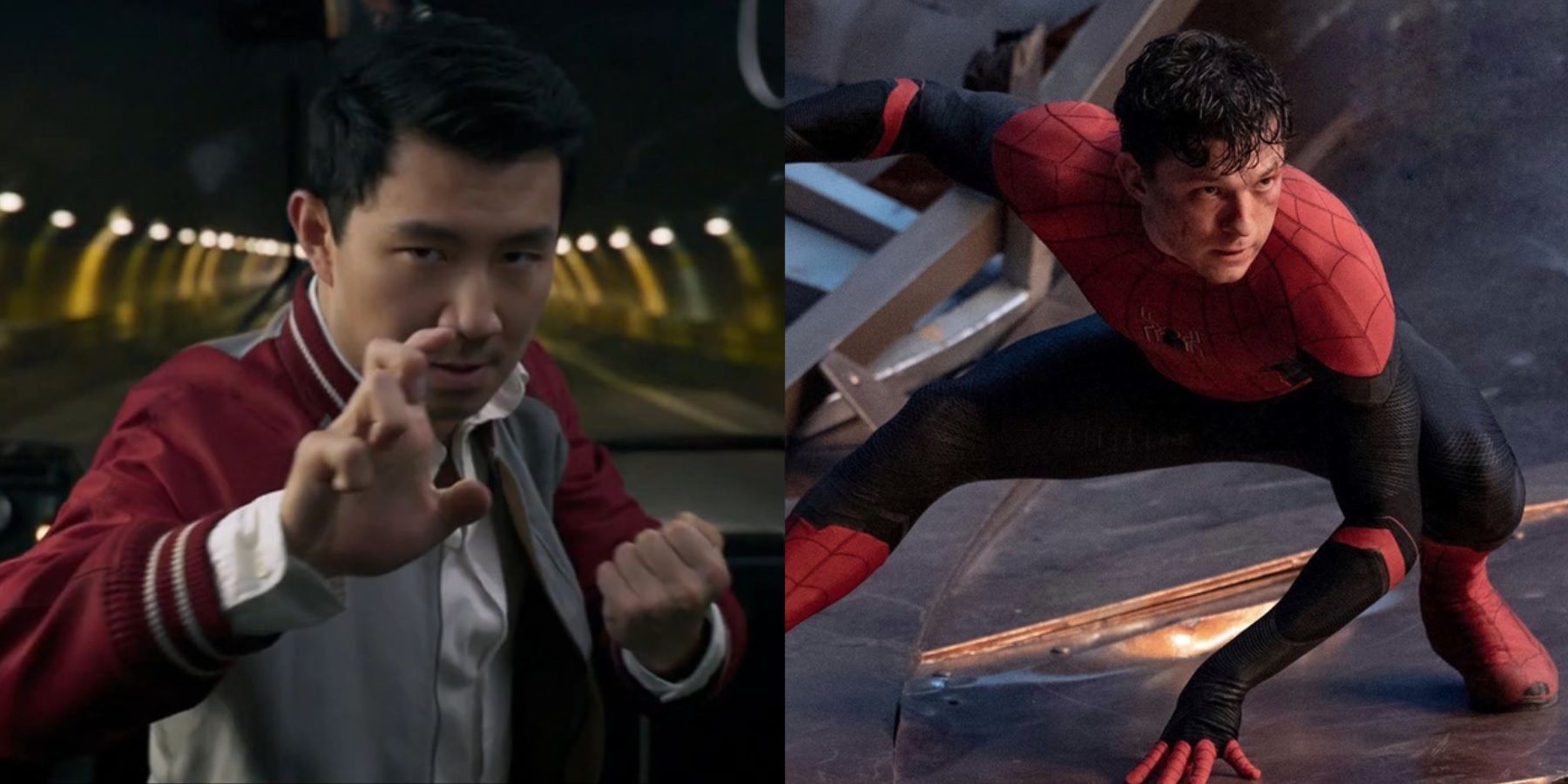 Split image of Simu Liu in Shang-Chi and Tom Holland in Spider-Man No Way Home