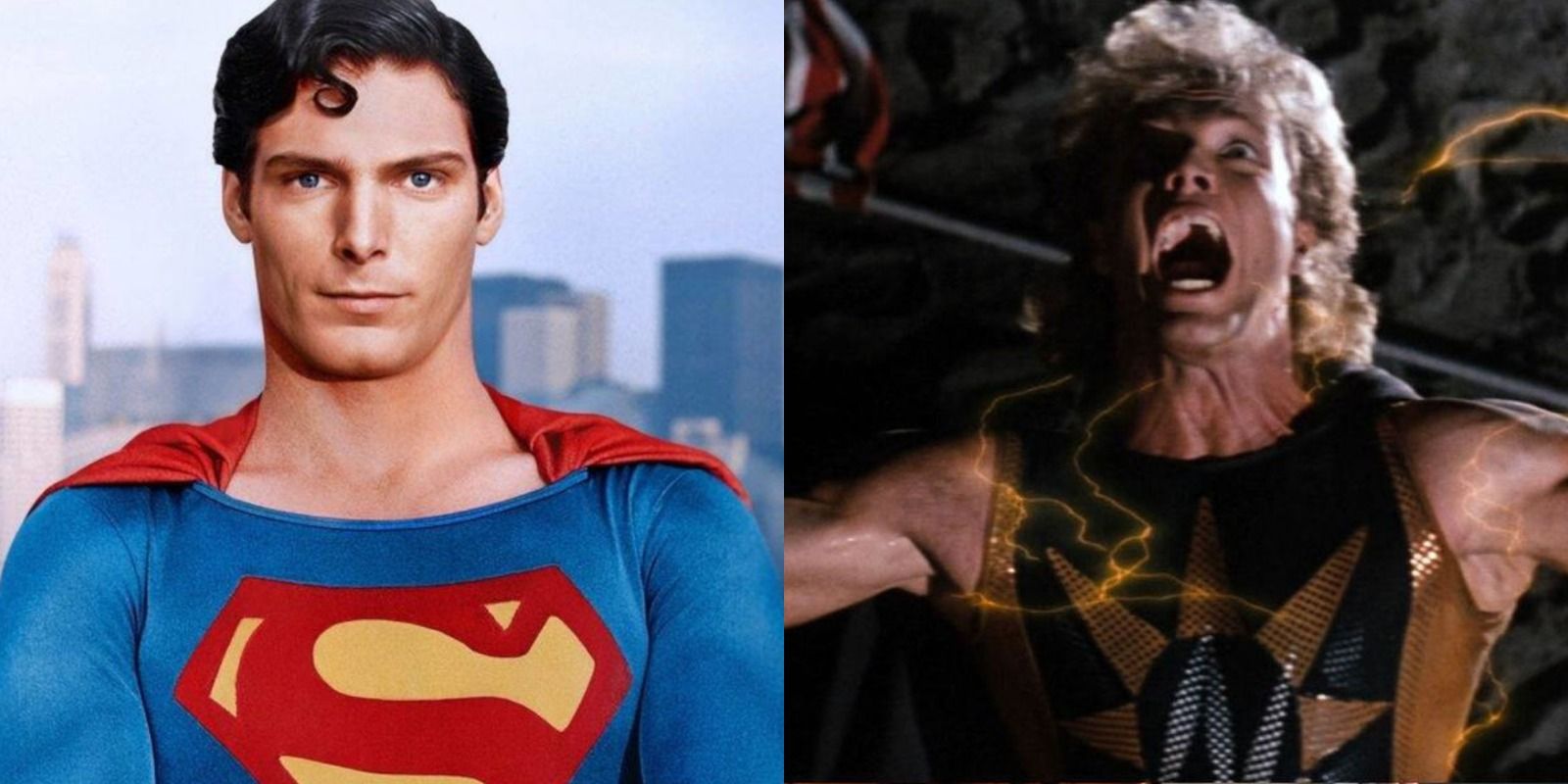 Split image of Superman in promo image for Superman 1978 and Nuclear Man roaring on the moon in Superman IV The Quest For Peace
