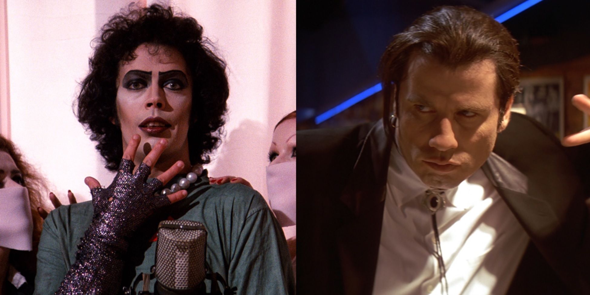 Split image of Tim Curry in The Rocky Horror Picture Show and John Travolta in Pulp Fiction