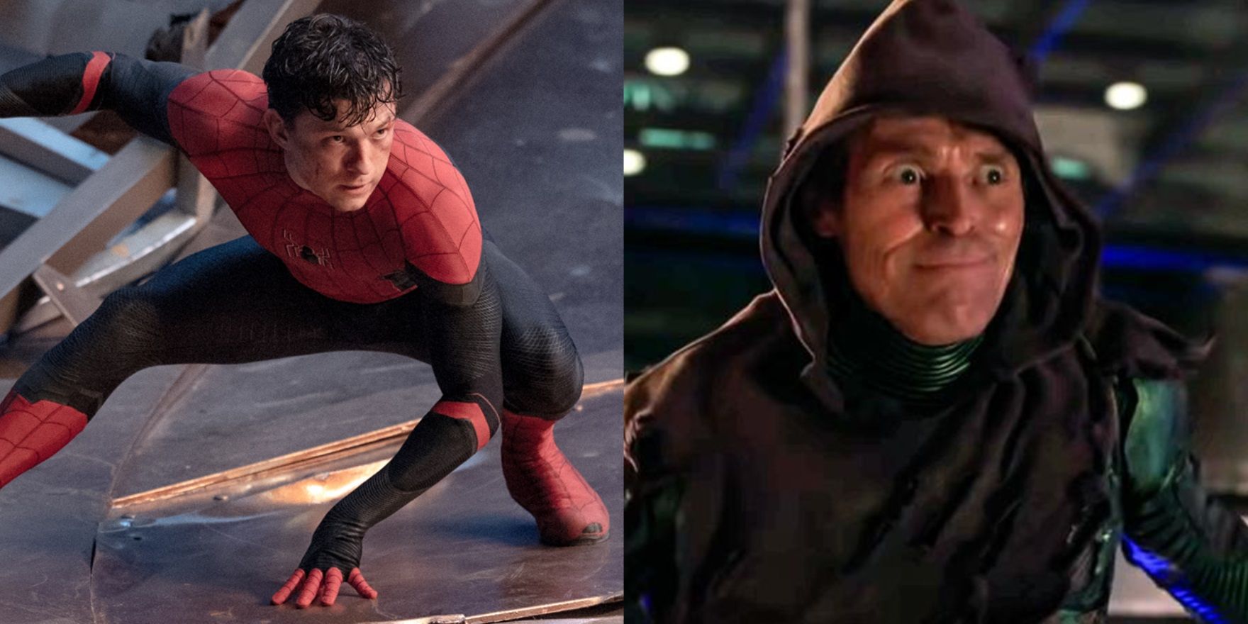 Split image of Tom Holland as Spidey and Willem Dafoe as the Green Goblin in Spider-Man No Way Home