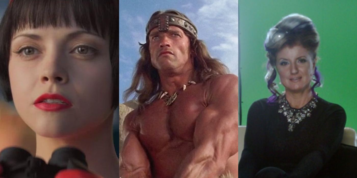 Split image of Trixie in Speed Racer, Conan in Conan The Destroyer, and Arianna Huffington in Cobalt Neural 9