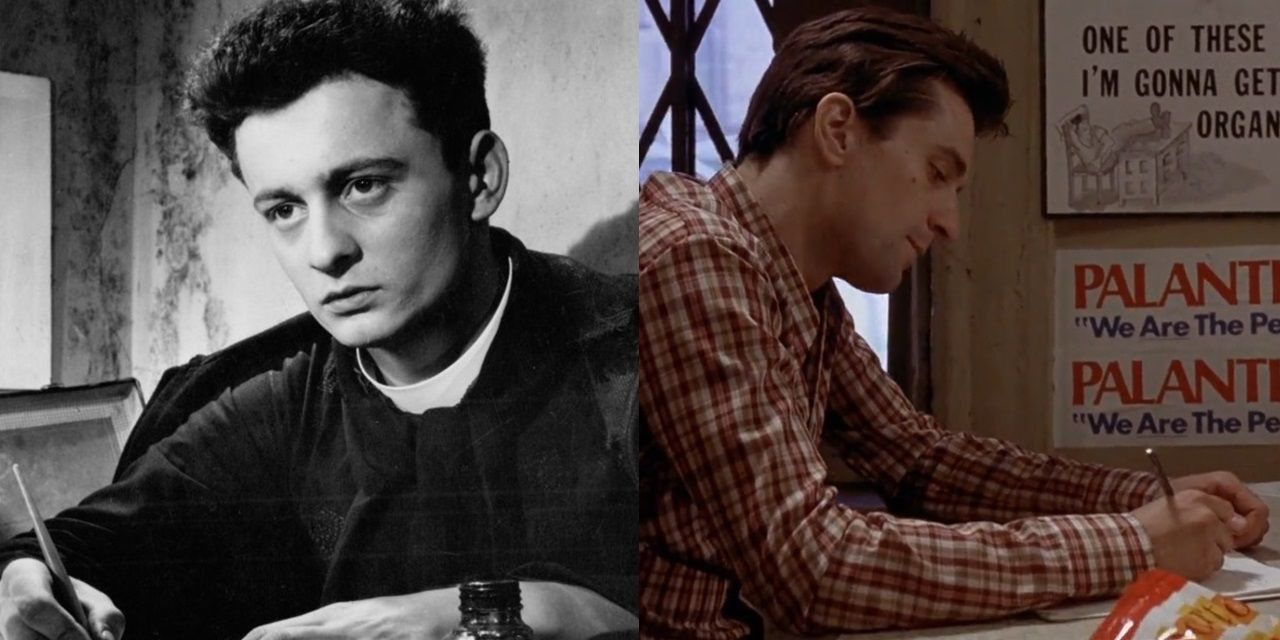 Split image of a priest writing a diary in Diary of a Country Priest and Travis Bickle journaling in Taxi Driver