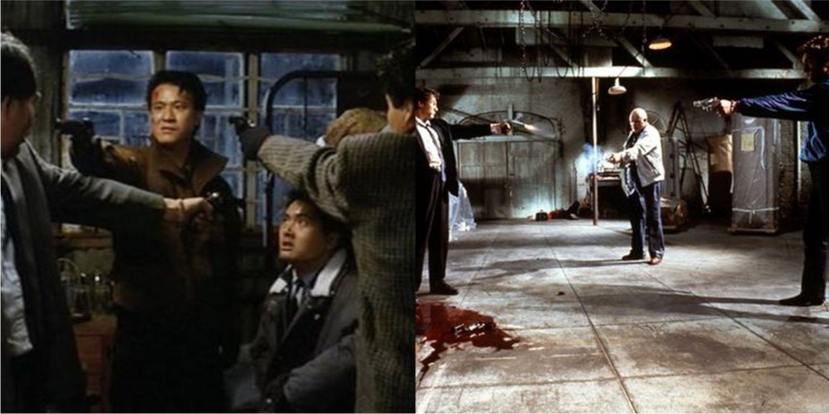 Split image of armed standoffs in Reservoir Dogs and City on Fire
