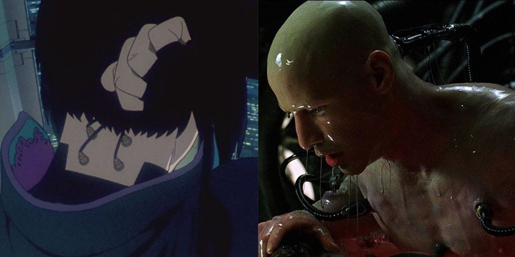 Split image of plugs in necks in Ghost in the Shell and The