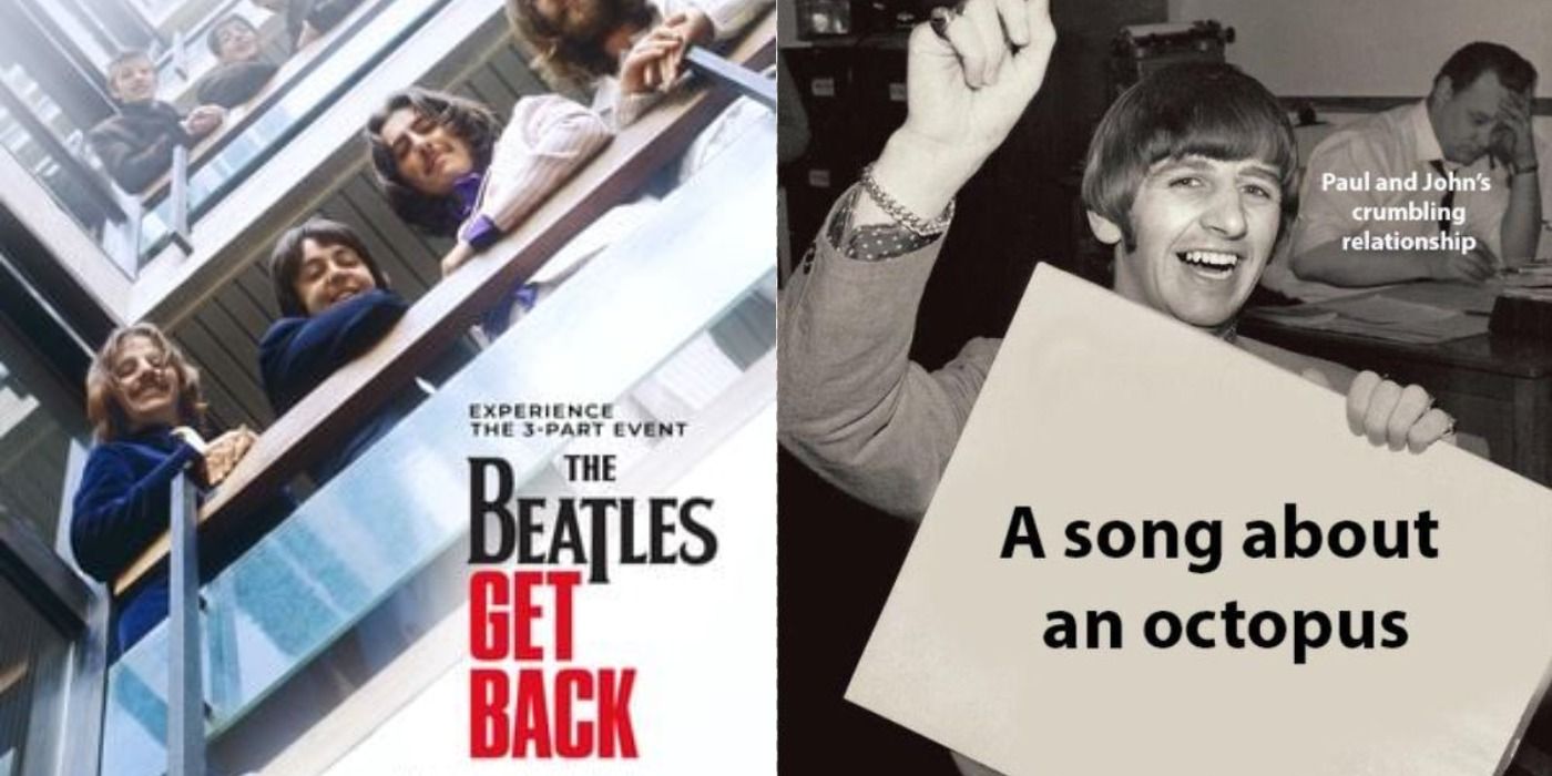 Split image of the Get Back poster and Ringo Starr grinning