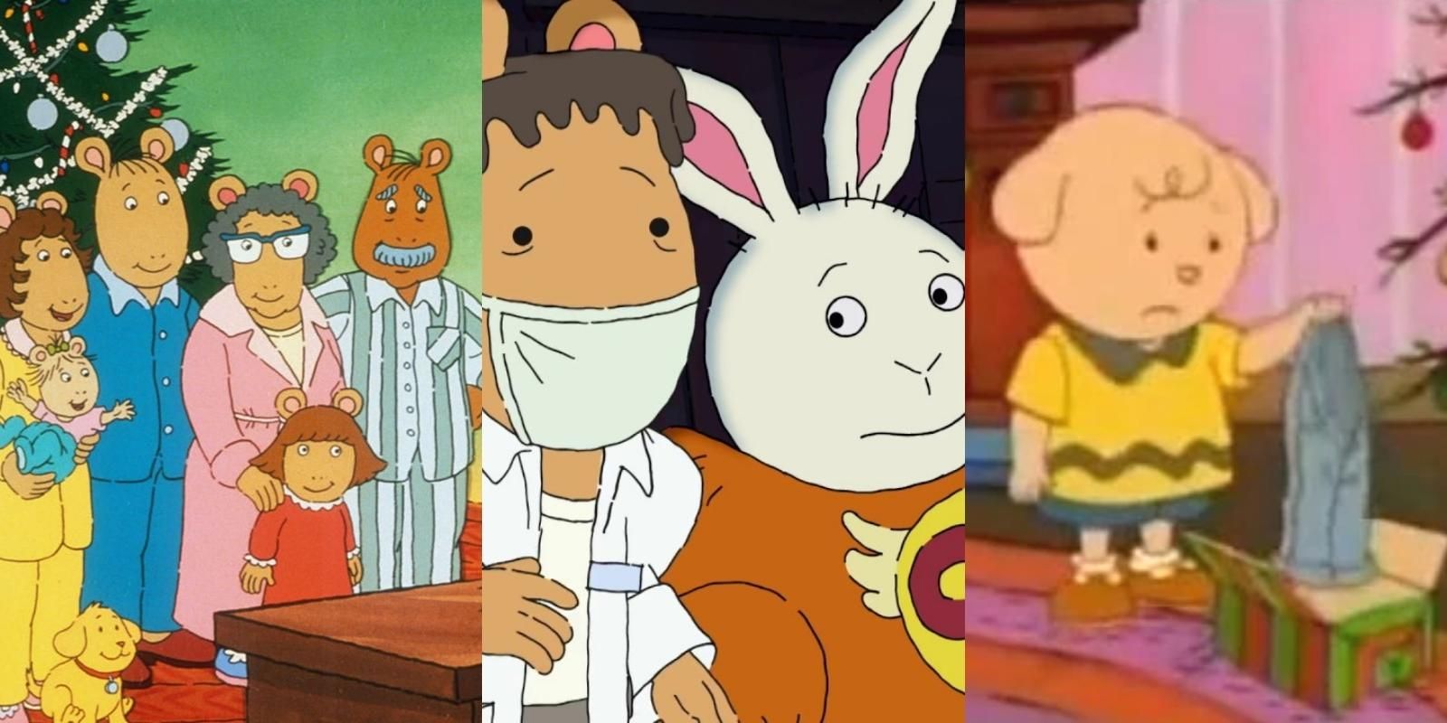 Split image of the Read family celebrating Christmas, Arthur Read and Buster Baxter on Halloween, and a Charlie Brown parody in Arthur