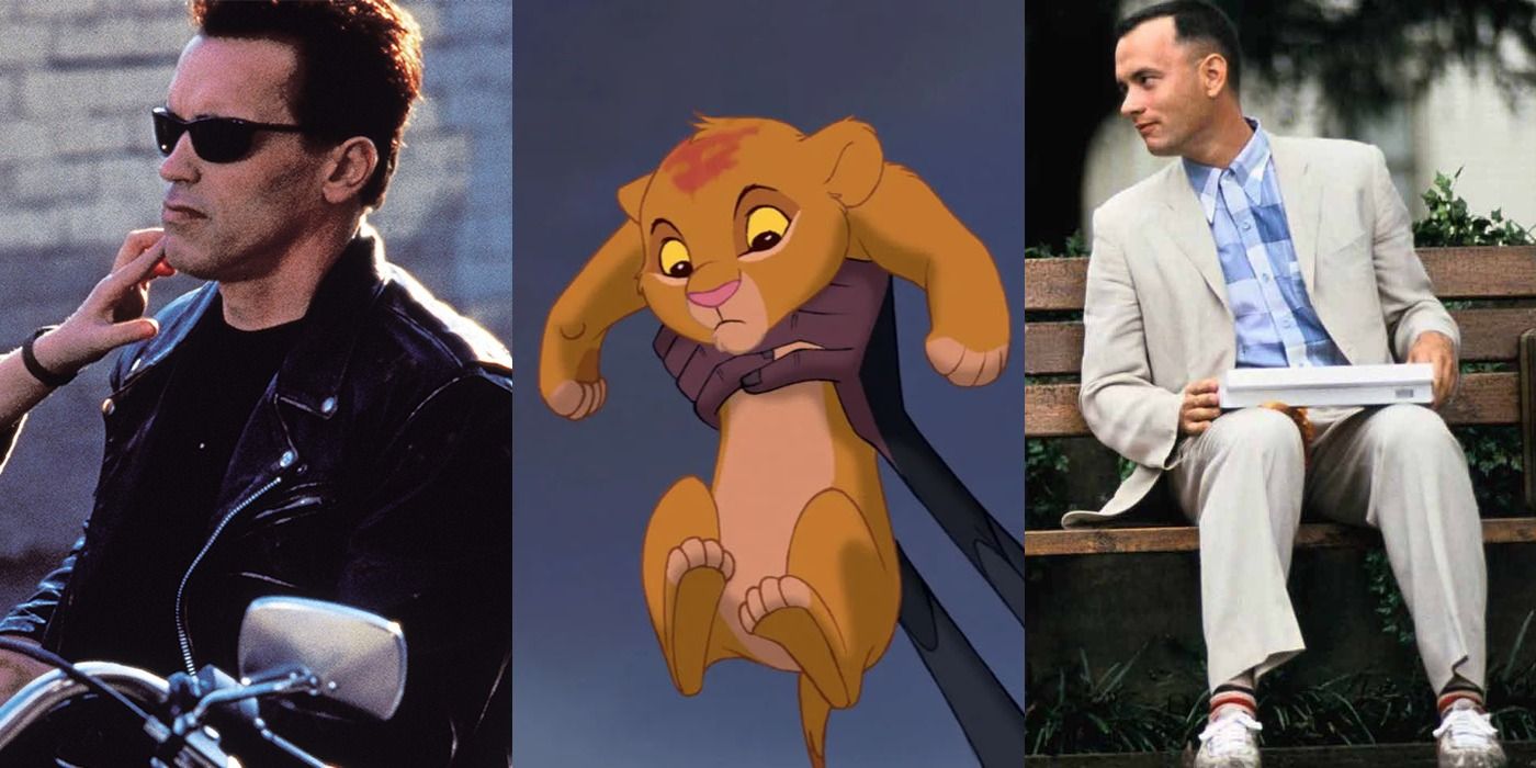 Split image of the T800 in Terminator 2, Simba in The Lion King, and Forrest in Forrest Gump