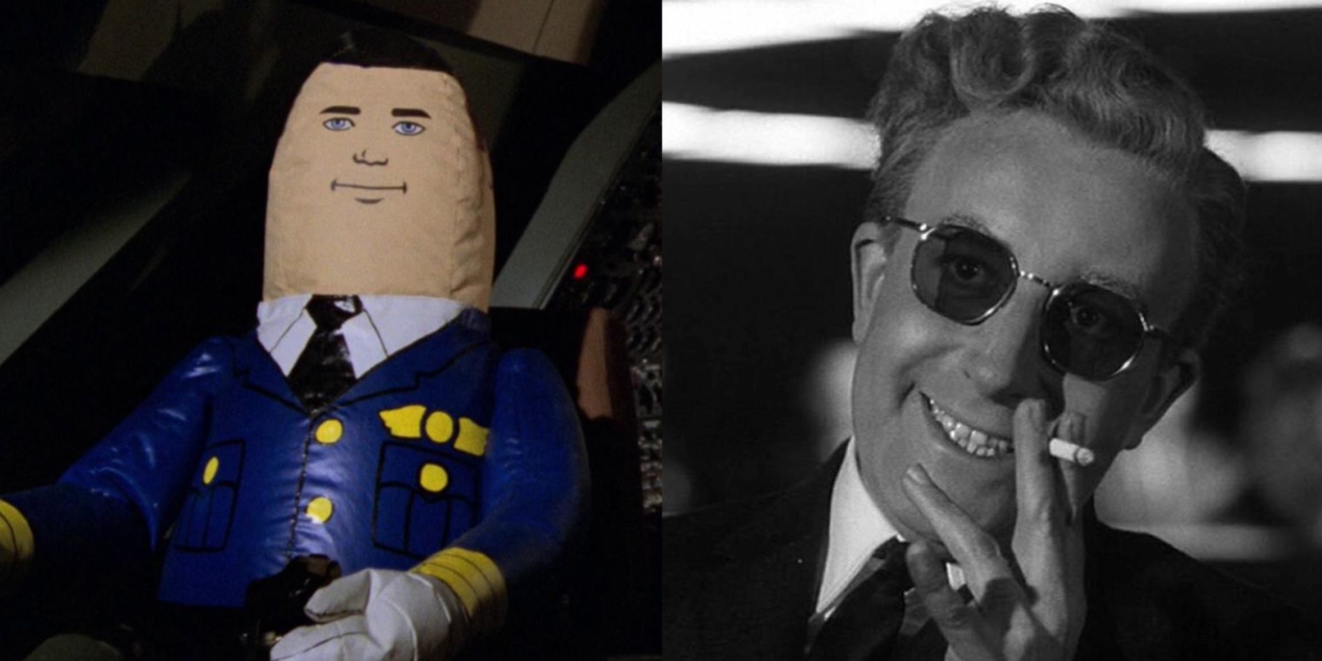 Split image of the autopilot in Airplane and Peter Sellers in Dr Strangelove