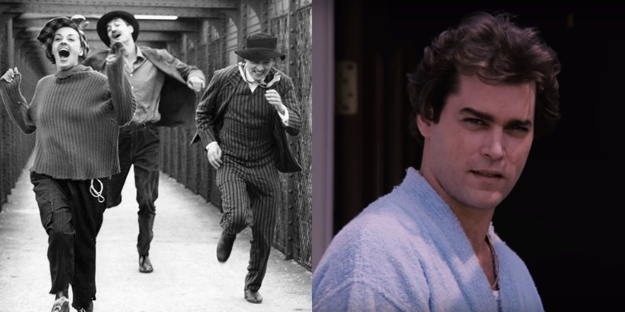 Split image of the three leads running in Jules and Jim and Henry Hill looking at the camera in Goodfellas