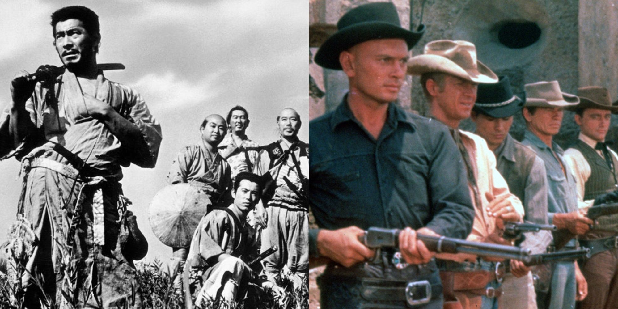 Split image of the titular groups in Seven Samurai and The Magnificent Seven