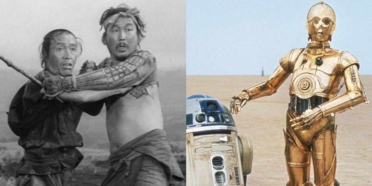 Split image of two peasants in The Hidden Fortress and C-3PO and R2-D2 in Star Wars