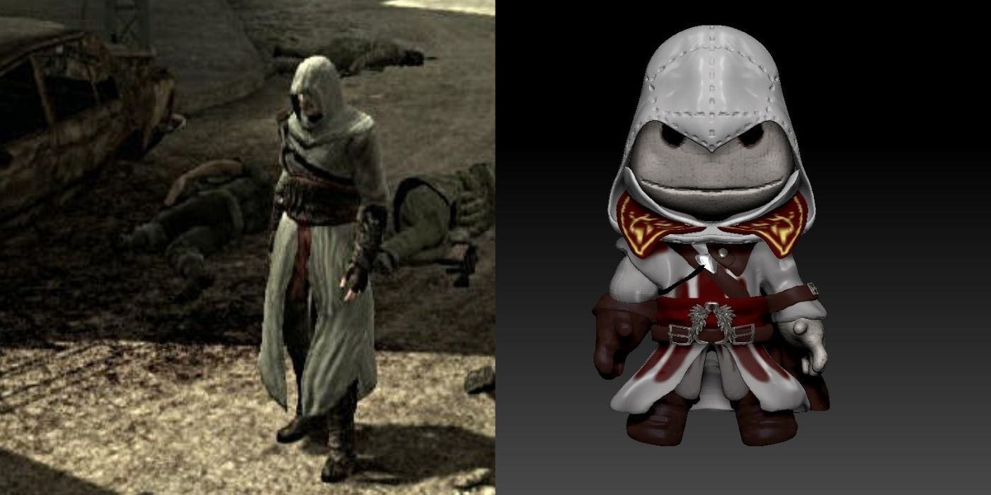 Imagens divididas de Altair andando em um terreno baldio em Metal Gear Solid e Sackboy vestindo o traje de Ezio