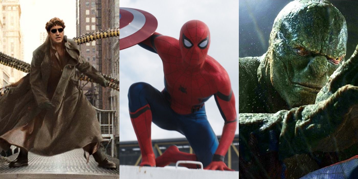 Split images of Doctor Octopus in Spider-Man 2, MCU Spider-Man in Civil War, and Lizard in Amazing Spider-Man series