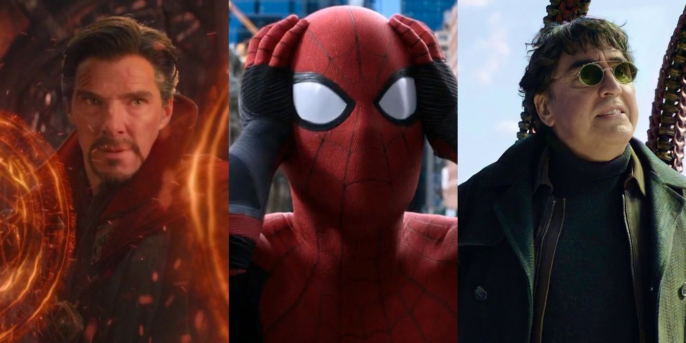 Split images of Doctor Strange in Avengers Infinity War, Spider-Man in Far From Home, and Doc Ock in No Way Home