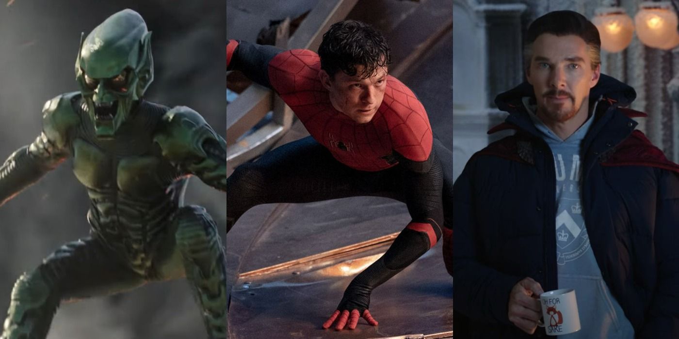 Split images of Green Goblin, Spider-Man, and Doctor Strange in No Way Home