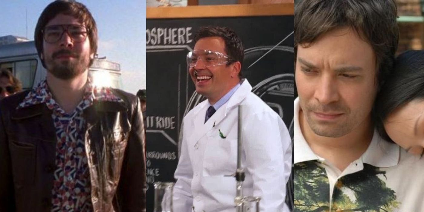 Split images of Jimmy Fallon in Almost Famous, Jurassic World, & Year of Getting to Know Us.