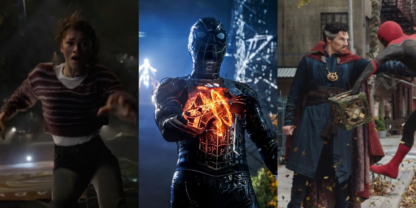 Split images of MJ falling, Spider-Man, and Doctor Strange astral projecting Peter in Spider-Man No Way Home