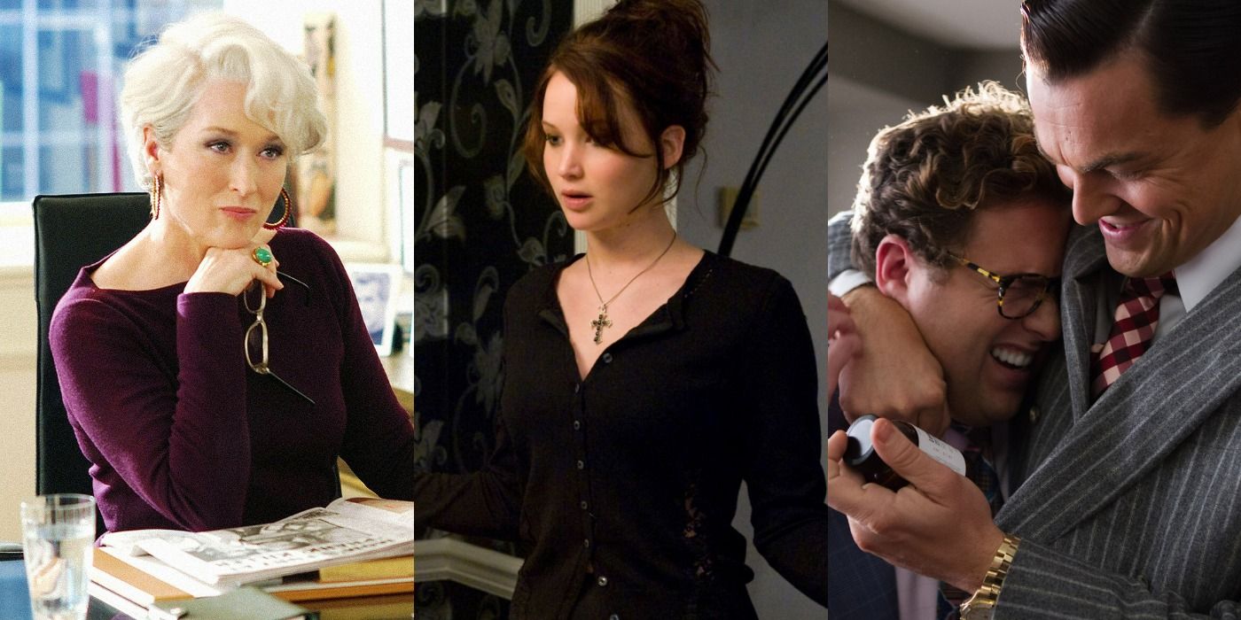 Split images of Meryl Streep in The Devil Wears Prade, Jennifer Lawrence in The Silver Linings Playbook, and Jonah Hill and Leonardo DiCaprio in The Wolf of Wall Street